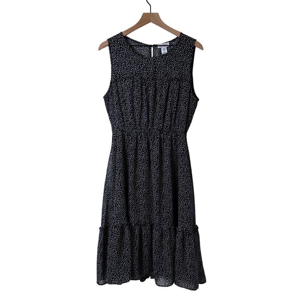 Nicole Miller Womens Abstract Print Ruffle Tiered Midi Dress Size 14 Black White